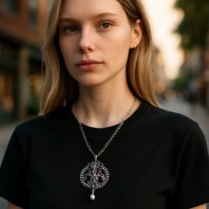 Vintage Avon Silvertone Art Nouveau Scroll Faux Pearl Drop Pendant Necklace